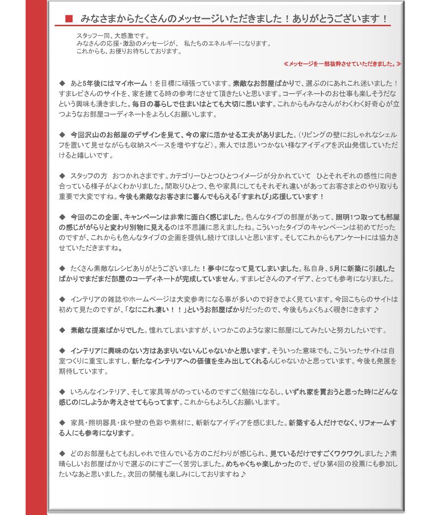 インテリアコーディネートレシピ「あなたが選ぶ人気トレンド投票!」結果発表 すまレピへのコメント
